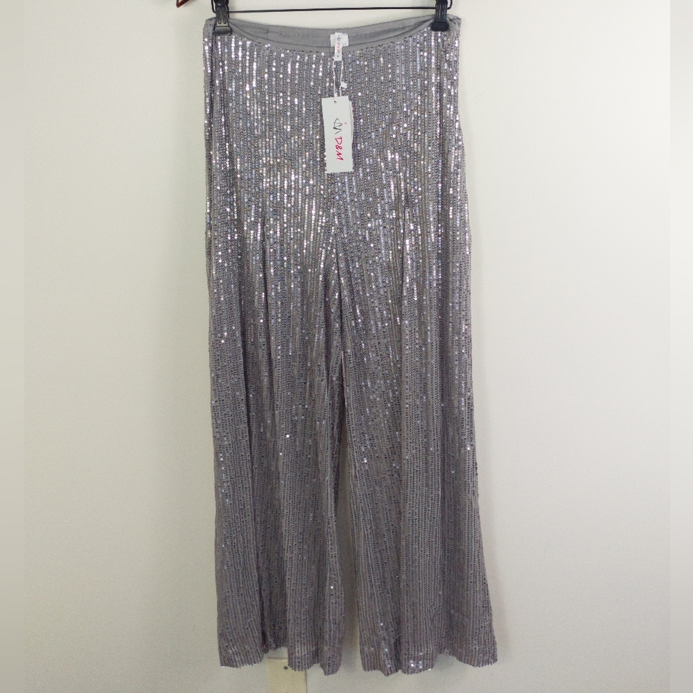 D&M High Waist Sequin Wide Leg Pants Gray Size Medium New